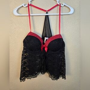 Linea Donatella Black and Red Lace Baby Doll Top Large (5522)